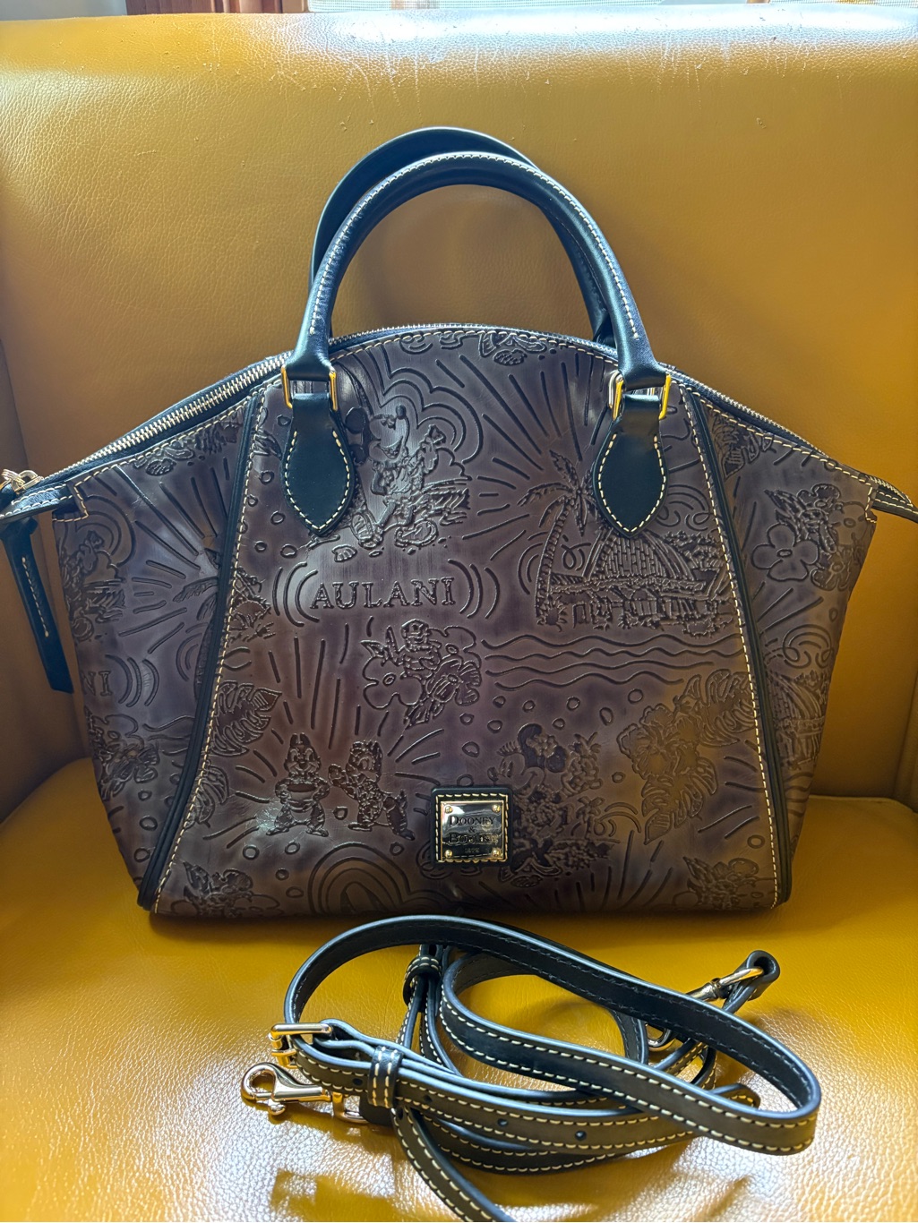 Dooney & Bourke Brown Embossed Aulani Leather Satchel With Black Trim